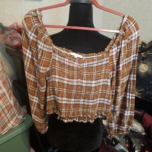 Copper Key Tan Plaid Smocked Crop Top